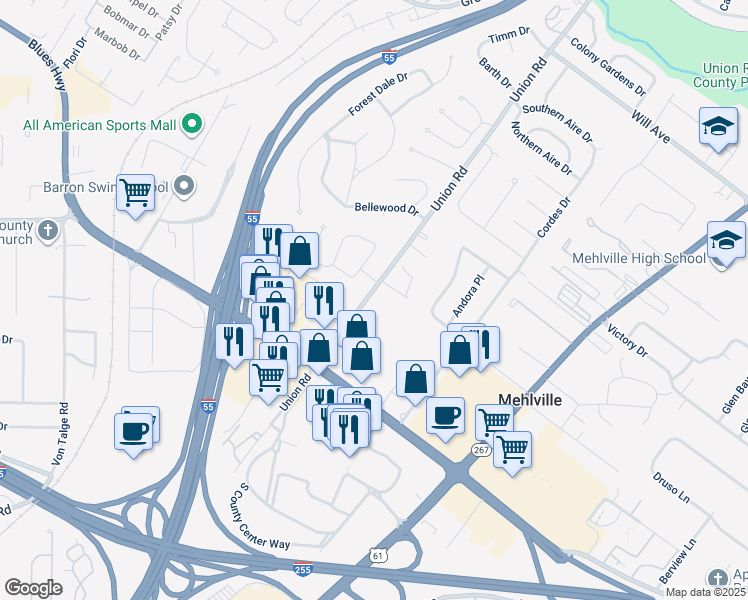 map of restaurants, bars, coffee shops, grocery stores, and more near 3808 Union Rd in St Louis