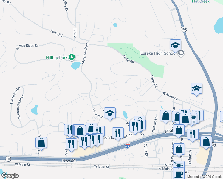 map of restaurants, bars, coffee shops, grocery stores, and more near 218 Walden Court in Eureka