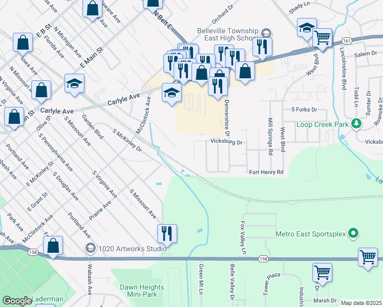 map of restaurants, bars, coffee shops, grocery stores, and more near 632 Vicksburg Drive in Belleville