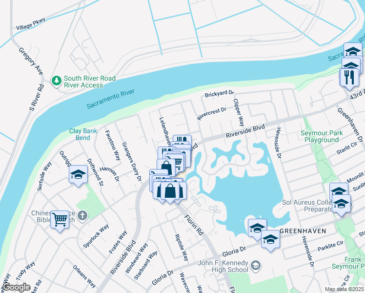 map of restaurants, bars, coffee shops, grocery stores, and more near 6350 Riverside Boulevard in Sacramento