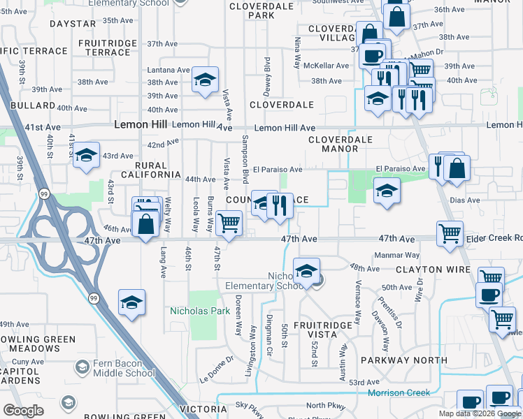 map of restaurants, bars, coffee shops, grocery stores, and more near 6311 Sampson Boulevard in Sacramento