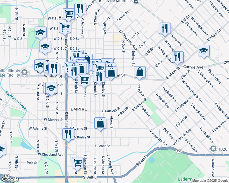 map of restaurants, bars, coffee shops, grocery stores, and more near 504 East Washington Street in Belleville