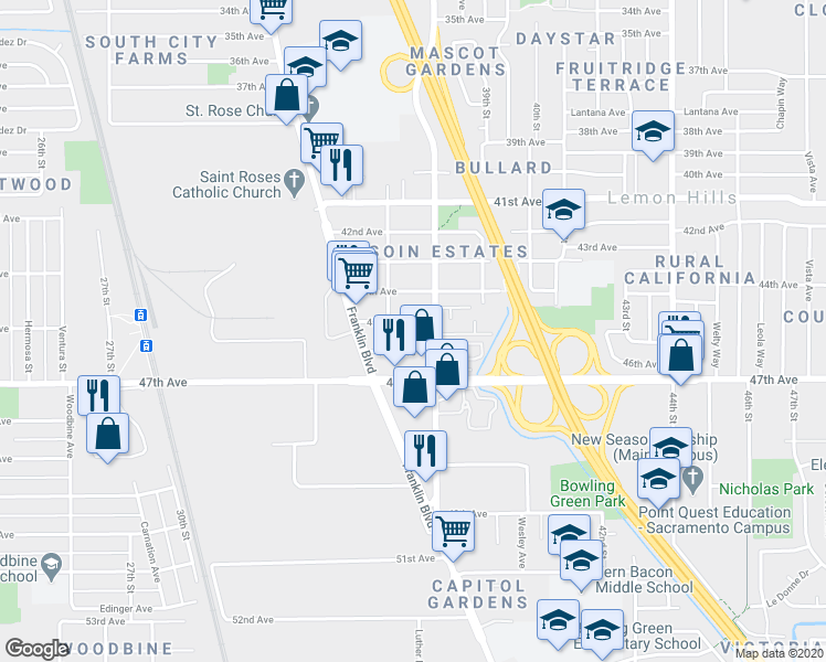 map of restaurants, bars, coffee shops, grocery stores, and more near 3804 45th Avenue in Sacramento