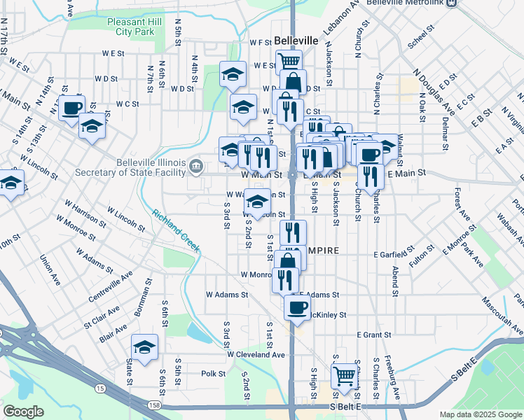 map of restaurants, bars, coffee shops, grocery stores, and more near 120 West Washington Street in Belleville