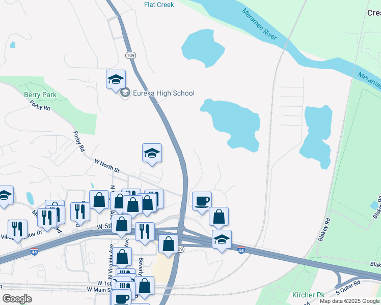 map of restaurants, bars, coffee shops, grocery stores, and more near 25 Fawn Meadows Drive in Eureka