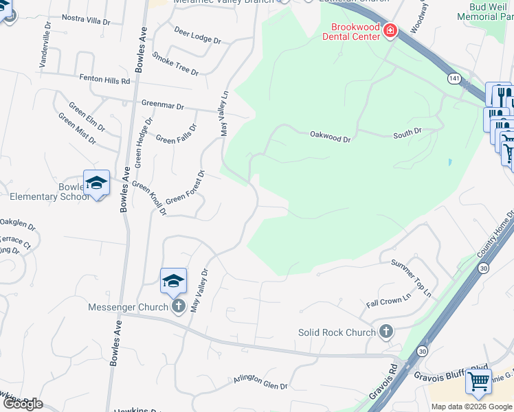 map of restaurants, bars, coffee shops, grocery stores, and more near May Valley Ln & Green Mountain Ct in Fenton