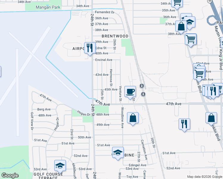 map of restaurants, bars, coffee shops, grocery stores, and more near Hermosa Street in Sacramento