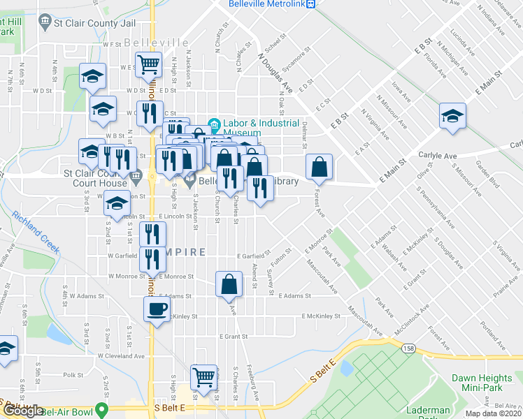 map of restaurants, bars, coffee shops, grocery stores, and more near 504 East Washington Street in Belleville