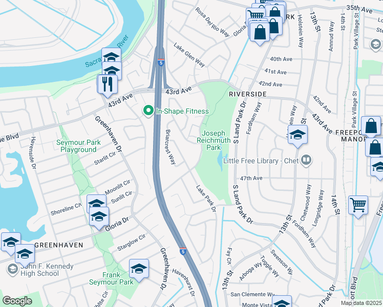 map of restaurants, bars, coffee shops, grocery stores, and more near 6300 Fennwood Court in Sacramento
