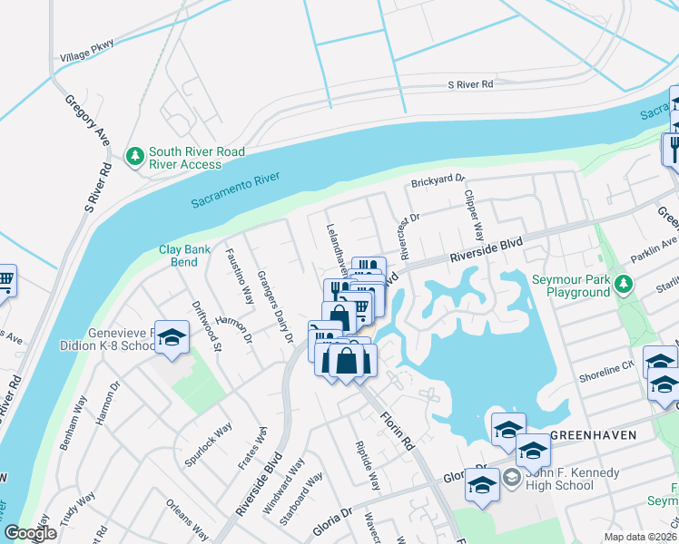 map of restaurants, bars, coffee shops, grocery stores, and more near 602 Lelandhaven Way in Sacramento