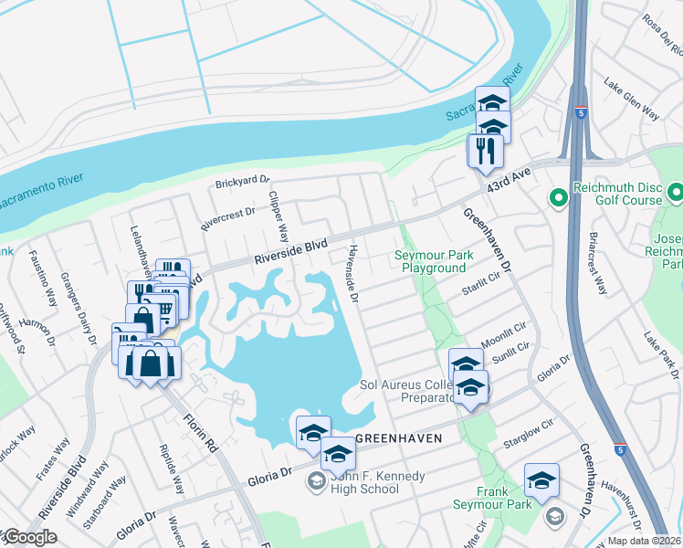 map of restaurants, bars, coffee shops, grocery stores, and more near 6290 Havenside Drive in Sacramento