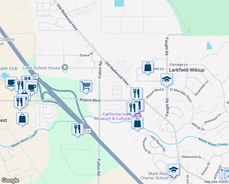 map of restaurants, bars, coffee shops, grocery stores, and more near 5318 Huckleberry Way in Santa Rosa