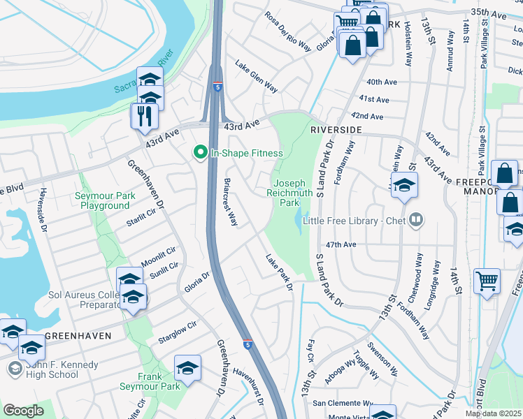 map of restaurants, bars, coffee shops, grocery stores, and more near 6288 Fennwood Court in Sacramento