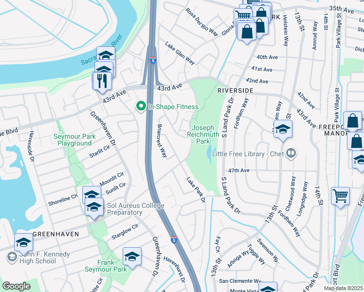 map of restaurants, bars, coffee shops, grocery stores, and more near 6288 Fennwood Court in Sacramento