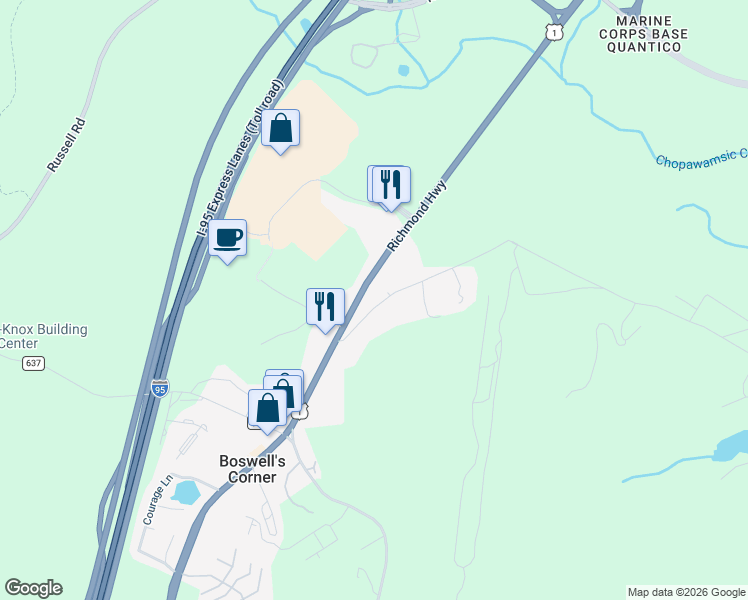 map of restaurants, bars, coffee shops, grocery stores, and more near 33 George Mason Road in Stafford