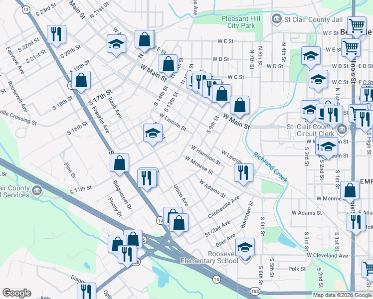 map of restaurants, bars, coffee shops, grocery stores, and more near 301 South 10th Street in Belleville