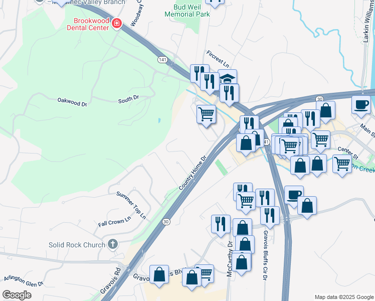 map of restaurants, bars, coffee shops, grocery stores, and more near 749 Gravois Road in Fenton