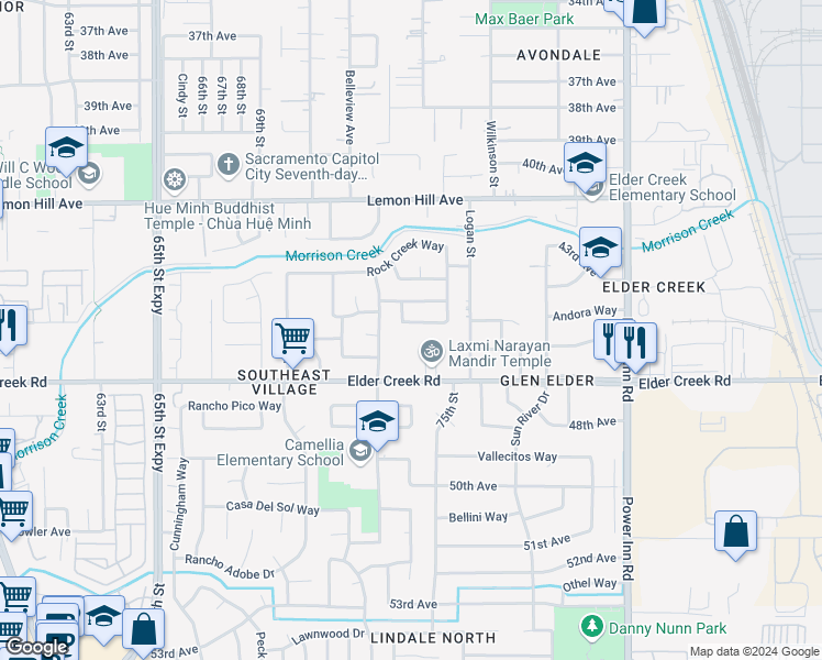 map of restaurants, bars, coffee shops, grocery stores, and more near 7785 Rock Creek Way in Sacramento