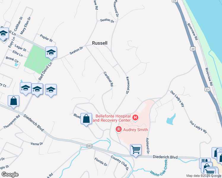 map of restaurants, bars, coffee shops, grocery stores, and more near 249 Cs-3061 in Russell