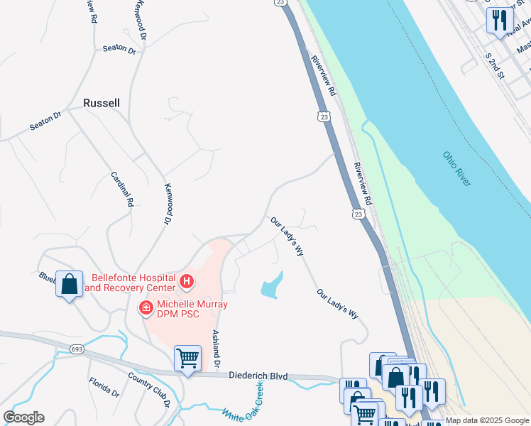 map of restaurants, bars, coffee shops, grocery stores, and more near 149 Ashland Drive in Ashland