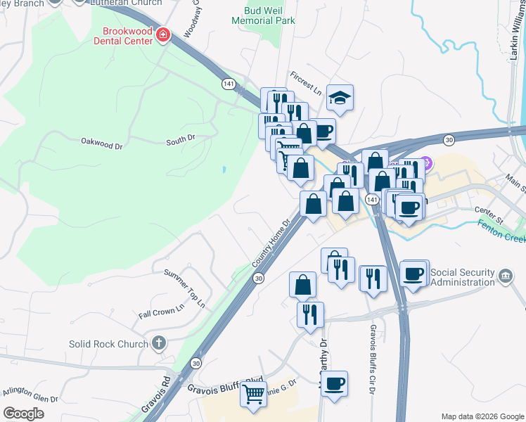 map of restaurants, bars, coffee shops, grocery stores, and more near 749 Gravois Road in Fenton
