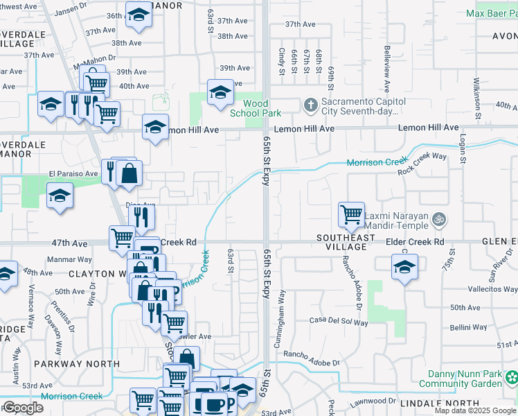 map of restaurants, bars, coffee shops, grocery stores, and more near 6451 Elder Creek Road in Sacramento
