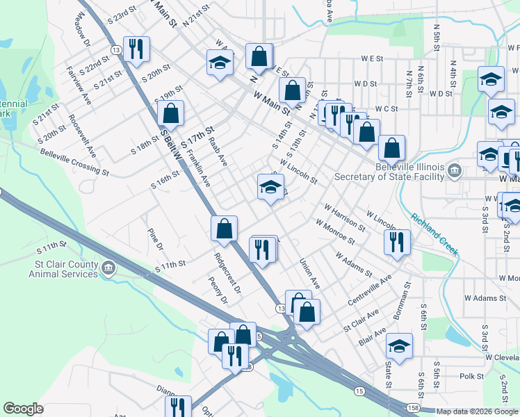 map of restaurants, bars, coffee shops, grocery stores, and more near 1120 Union Avenue in Belleville