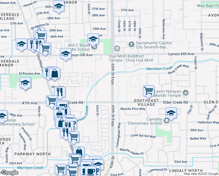 map of restaurants, bars, coffee shops, grocery stores, and more near 6451 Elder Creek Road in Sacramento