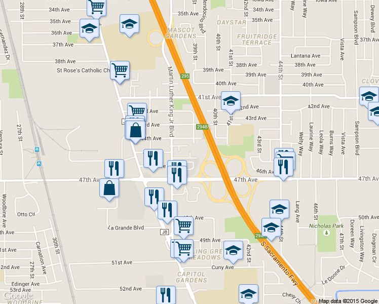 map of restaurants, bars, coffee shops, grocery stores, and more near 6267 Martin Luther King Junior Boulevard in Sacramento