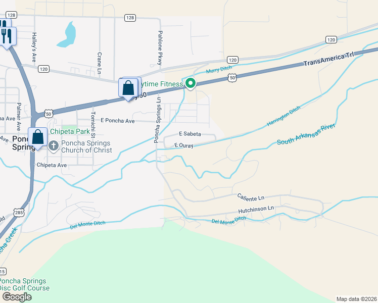map of restaurants, bars, coffee shops, grocery stores, and more near 1110 East Ouray in Salida