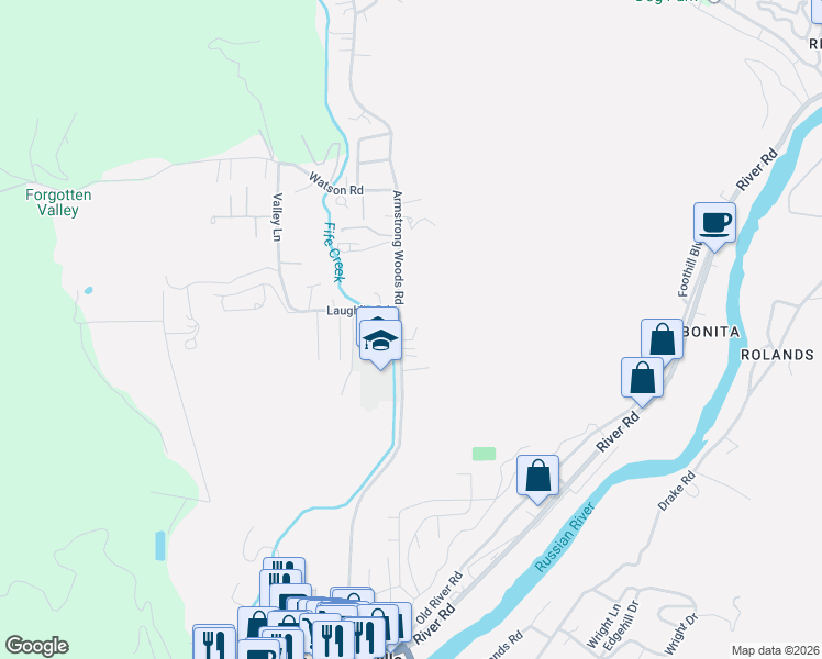 map of restaurants, bars, coffee shops, grocery stores, and more near 14755 Armstrong Woods Road in Guerneville