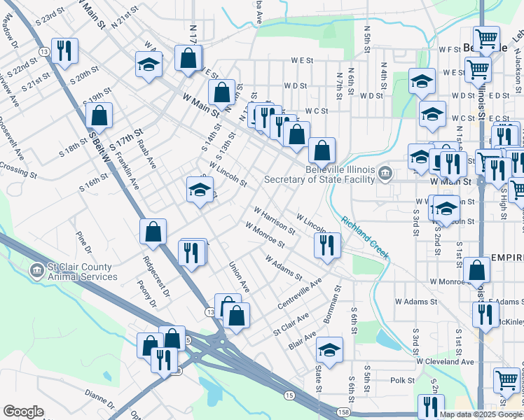 map of restaurants, bars, coffee shops, grocery stores, and more near 901 West Harrison Street in Belleville
