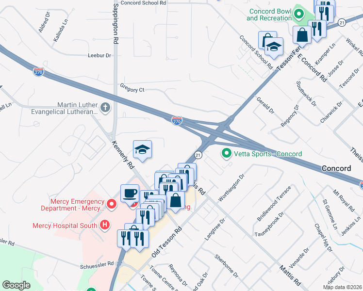 map of restaurants, bars, coffee shops, grocery stores, and more near 12335 West Bend Drive in St. Louis