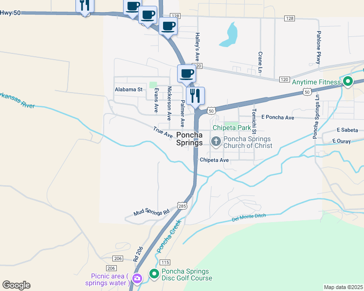 map of restaurants, bars, coffee shops, grocery stores, and more near 209 True Avenue in Salida