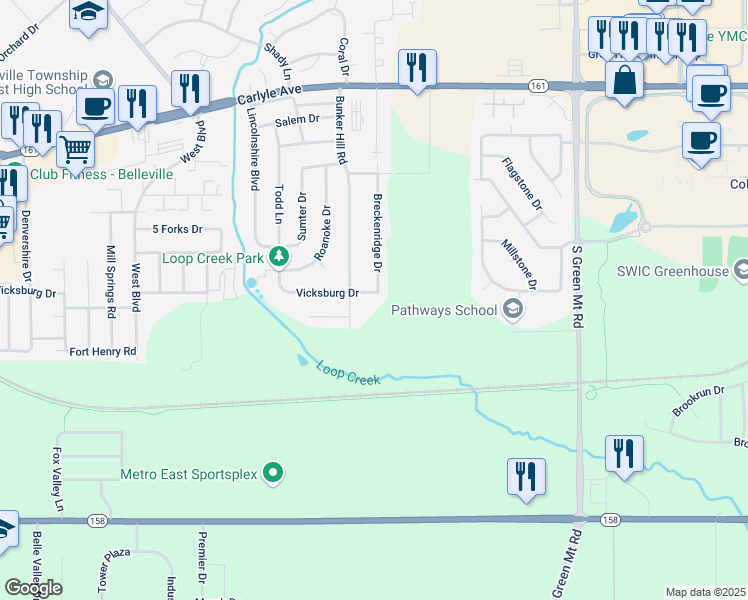 map of restaurants, bars, coffee shops, grocery stores, and more near 376 Breckenridge Drive in Belleville