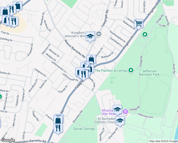 map of restaurants, bars, coffee shops, grocery stores, and more near 2613 Telegraph Road in St. Louis