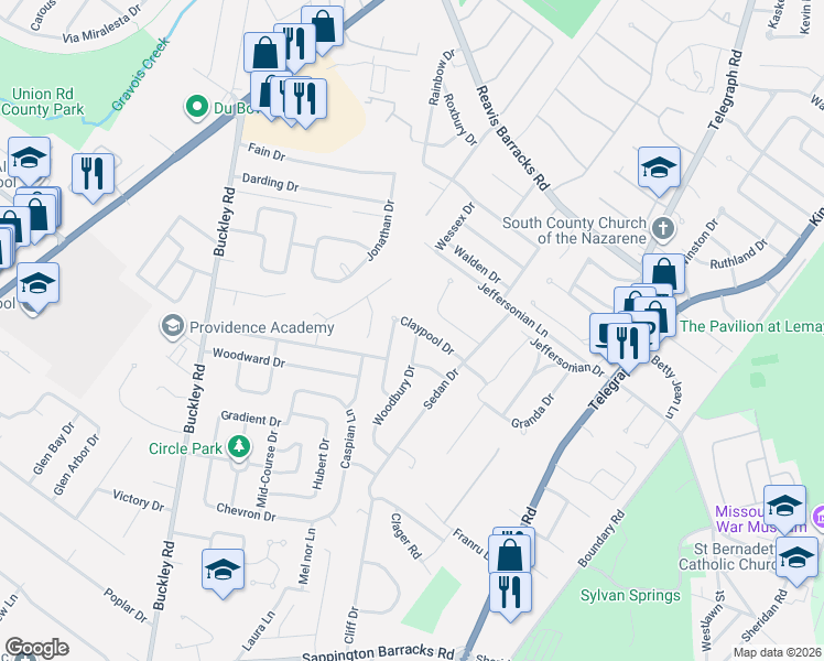map of restaurants, bars, coffee shops, grocery stores, and more near 658 Claypool Drive in St. Louis