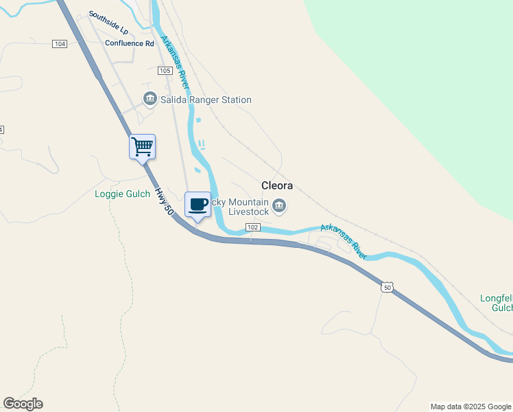map of restaurants, bars, coffee shops, grocery stores, and more near 6505 County Road 102 in Salida