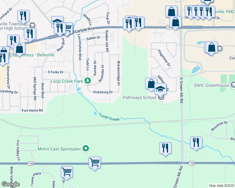 map of restaurants, bars, coffee shops, grocery stores, and more near 376 Breckenridge Drive in Belleville