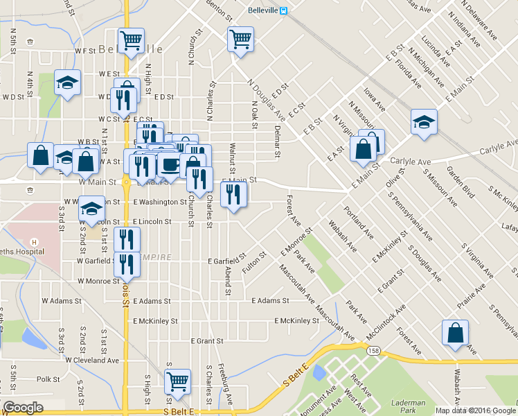 map of restaurants, bars, coffee shops, grocery stores, and more near 708 East Washington Street in Belleville