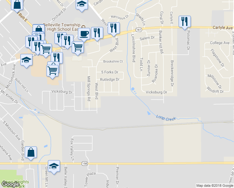 map of restaurants, bars, coffee shops, grocery stores, and more near 505 Stone River Road in Belleville