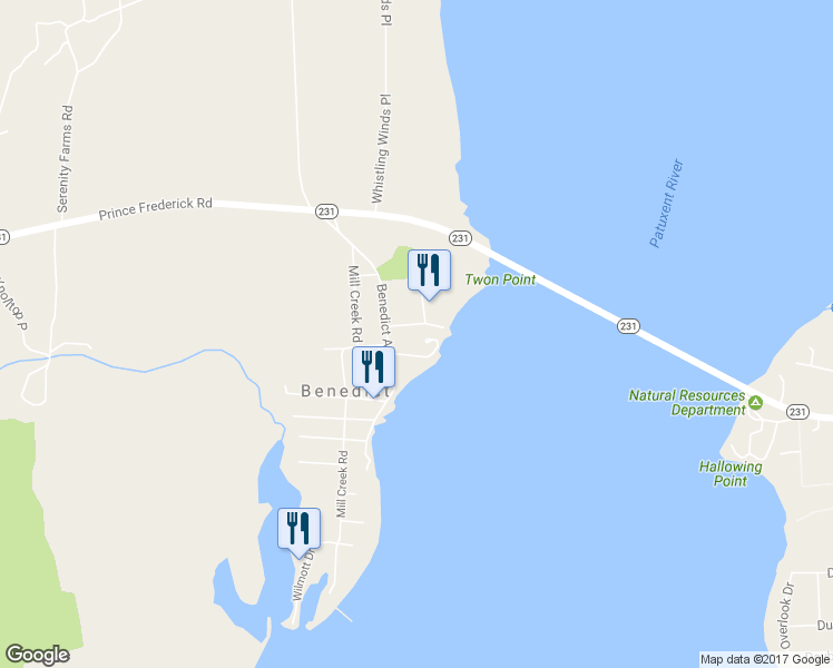 map of restaurants, bars, coffee shops, grocery stores, and more near 18318 Wharf Lane in Benedict