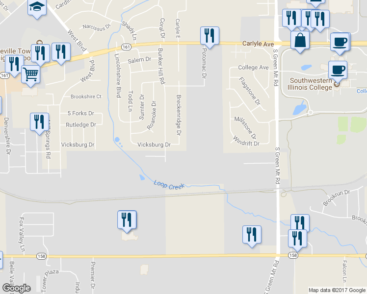 map of restaurants, bars, coffee shops, grocery stores, and more near 376 Breckenridge Drive in Belleville