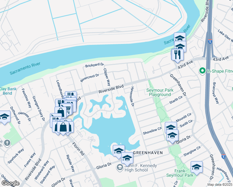 map of restaurants, bars, coffee shops, grocery stores, and more near 717 Shoreside Drive in Sacramento