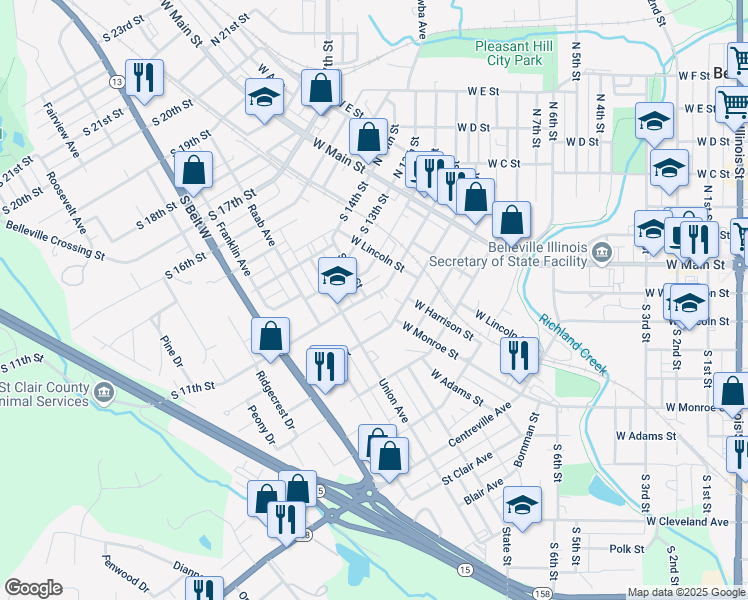 map of restaurants, bars, coffee shops, grocery stores, and more near 306 South 11th Street in Belleville