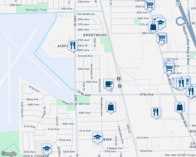 map of restaurants, bars, coffee shops, grocery stores, and more near 6229 Ventura Street in Sacramento