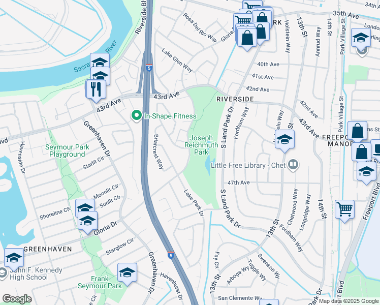 map of restaurants, bars, coffee shops, grocery stores, and more near 6300 Fennwood Court in Sacramento