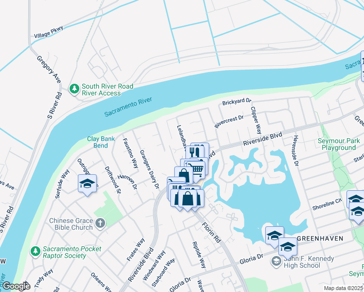 map of restaurants, bars, coffee shops, grocery stores, and more near 602 Lelandhaven Way in Sacramento