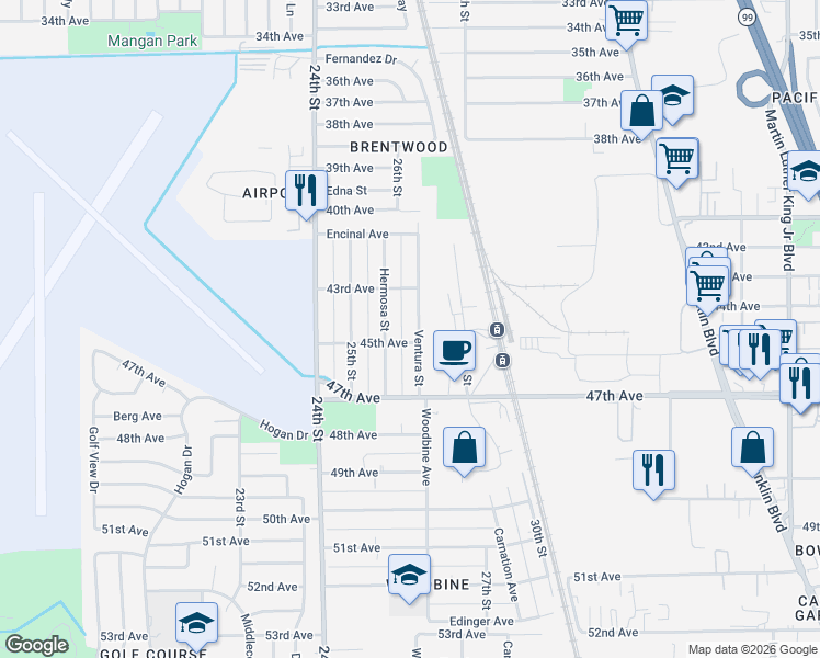 map of restaurants, bars, coffee shops, grocery stores, and more near 6229 Ventura Street in Sacramento