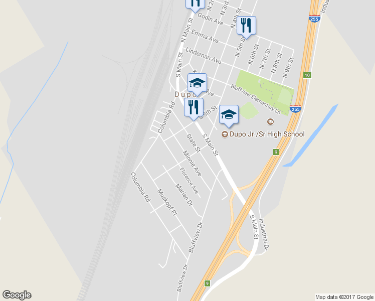 map of restaurants, bars, coffee shops, grocery stores, and more near 536 Minnie Avenue in Dupo